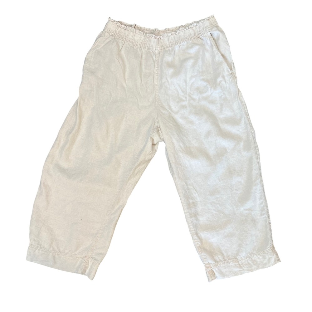 HM‎ Womens XL Beige 100% Linen Wide Leg Cropped Elastic Waist Pants Oatmeal